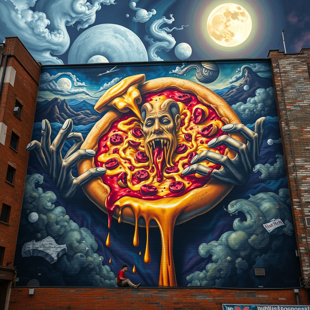 Surreal Street Art Mural with Melting Pizza Dreamscape