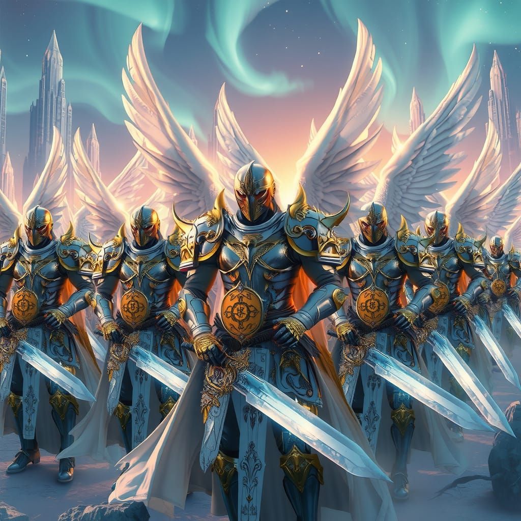 Sleek Angelic Warriors Gather in Heavenly Metropolis