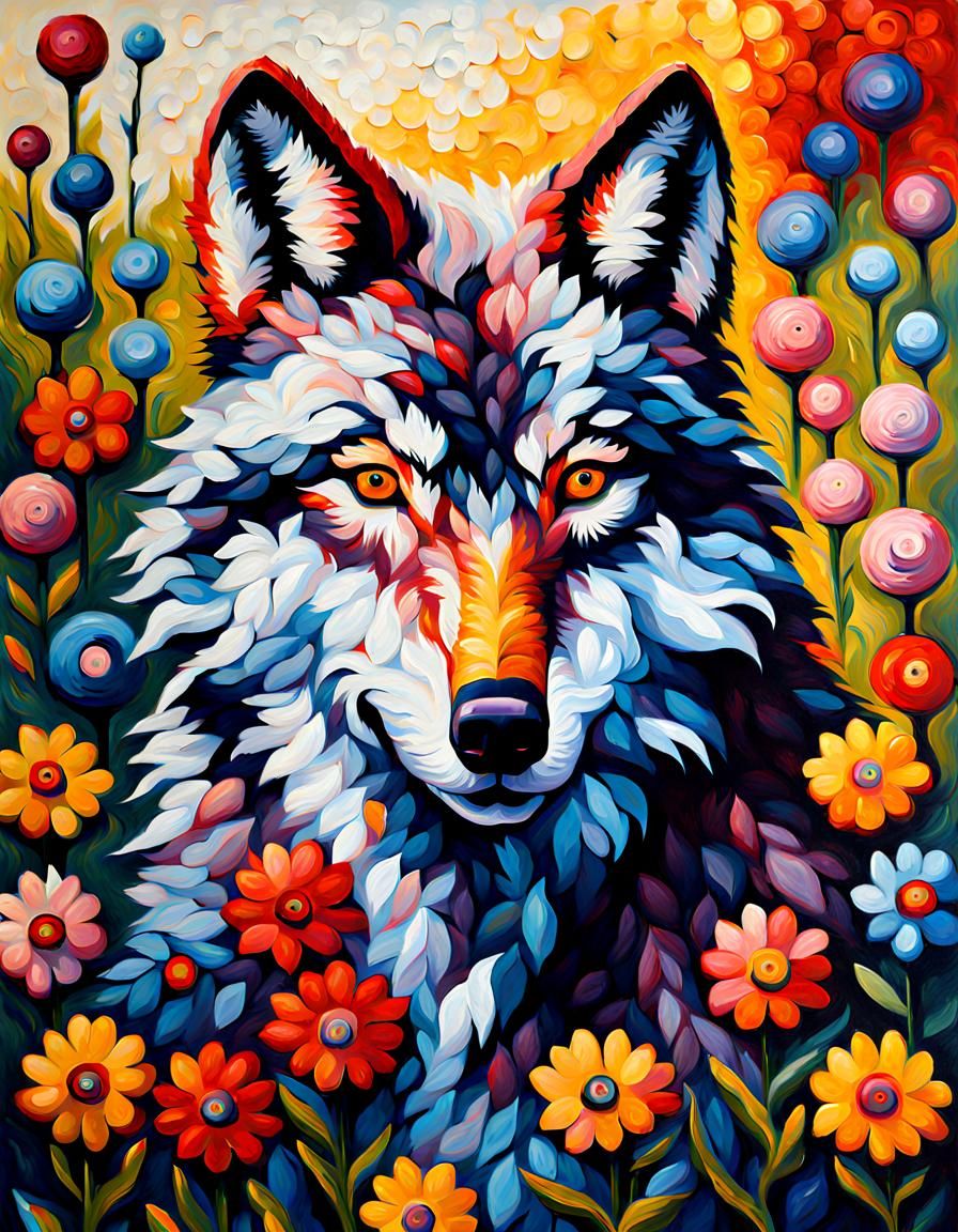 Wolf Covered in Flowers: Expressionist Impasto Painting