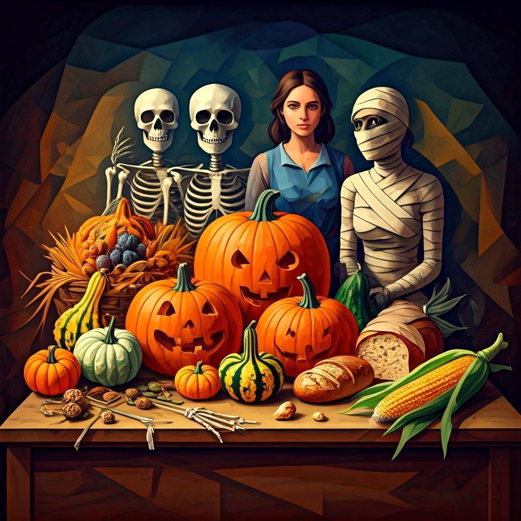 Cubist Farm Table Scene with Skeletons and Farm Girls