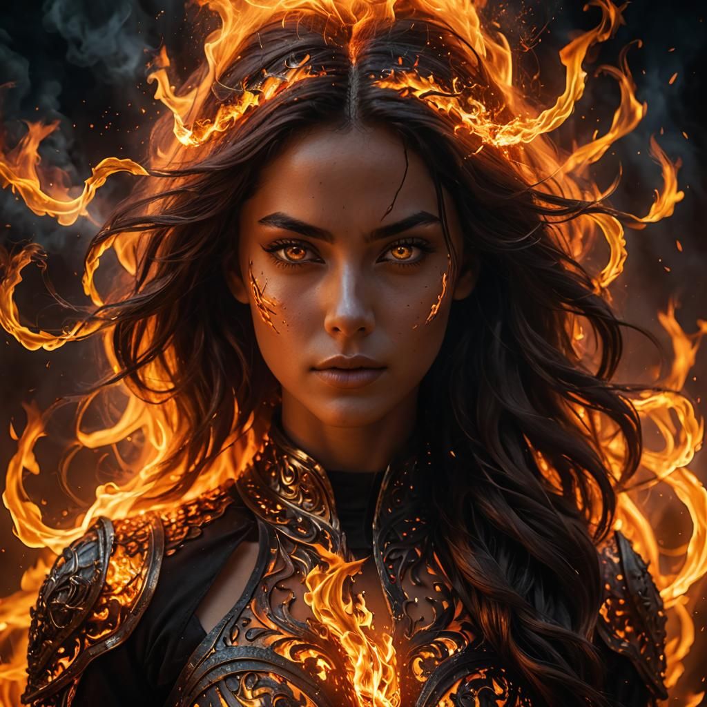 Majestic Woman of Fire with Swirling Flames