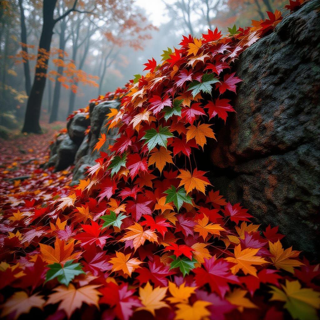 Autumn Leaves Cascade Off Cliff in Photorealistic Style