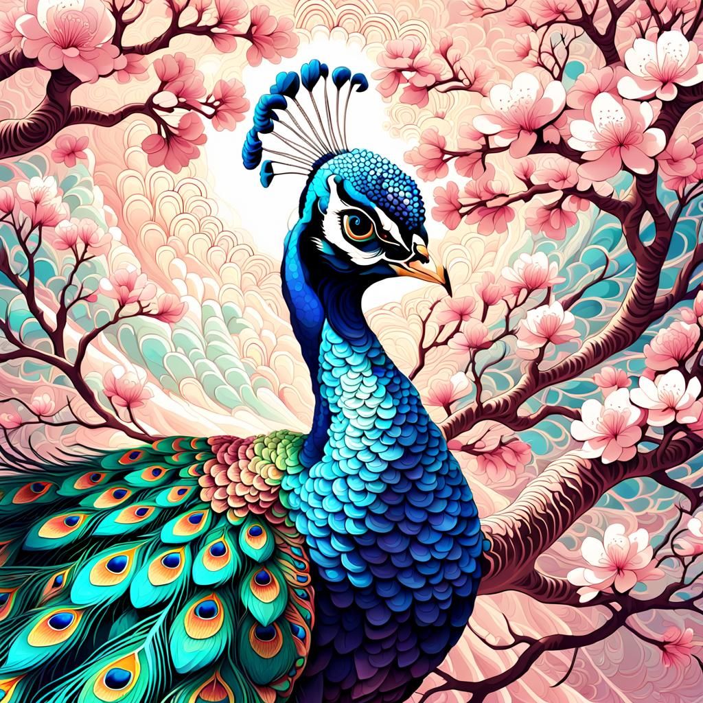 Ethereal Peacock Amidst Sakura Blooms in Vibrant Fractal Pat...