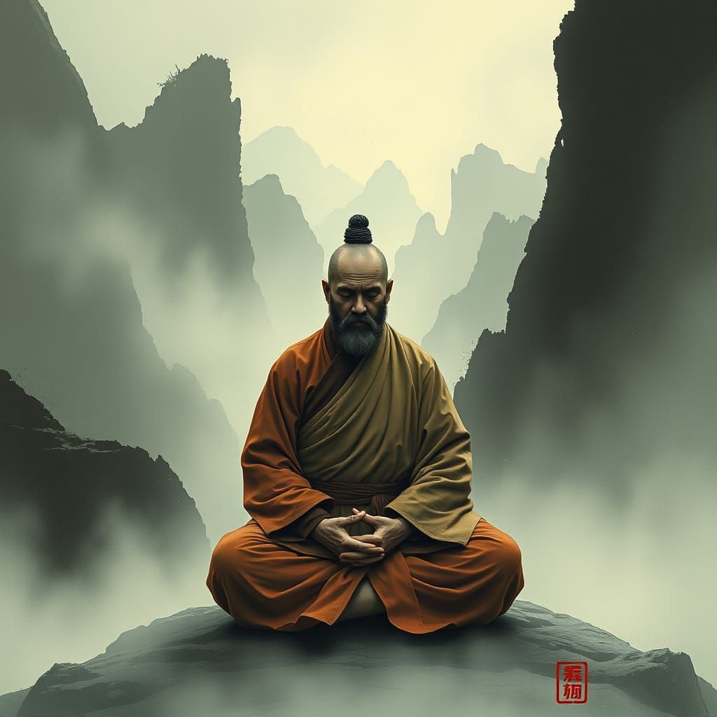 Meditating Monk in Misty Mountains, Ethereal Art