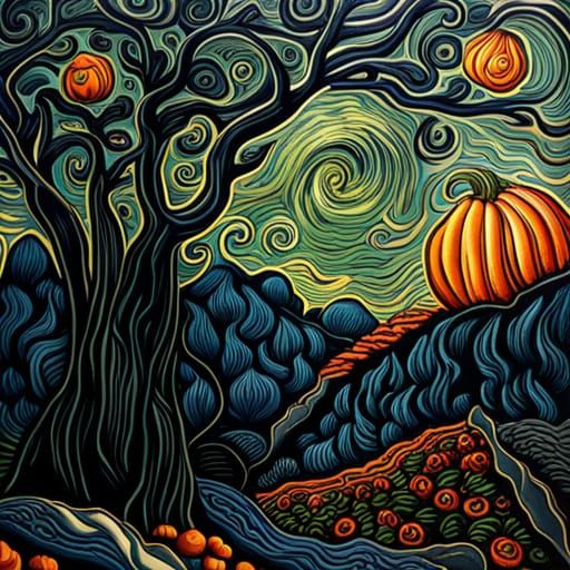 Gothic Pumpkin Patch Under Van Gogh Sky