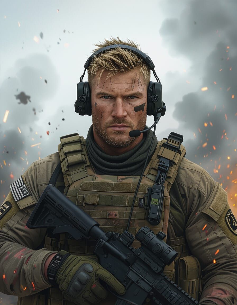 Special Ops Soldier in Gritty Battlefield Scene
