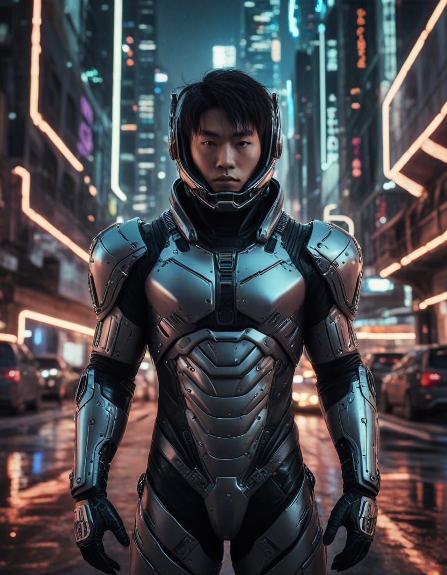 Futuristic Korean Hero Stands Tall in Cyberpunk Canyon