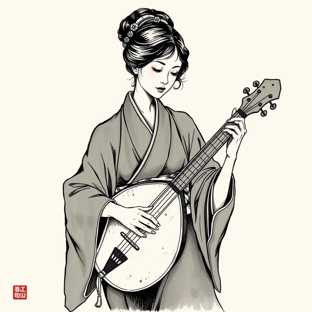 Woman Playing Shamisen in Japanese Ink Art Style
