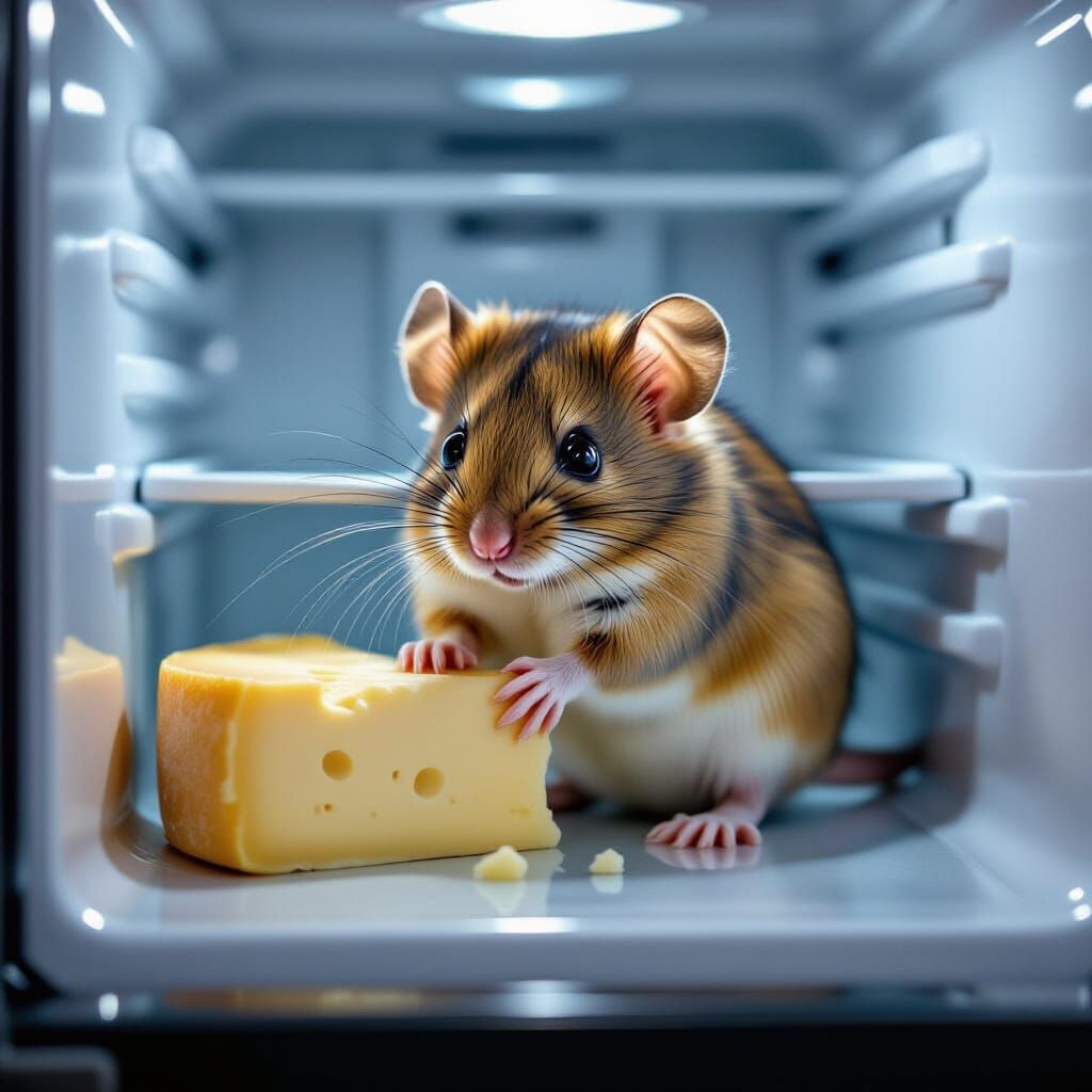 Surprised Mouse Caught Eating Cheese in Refrigerator