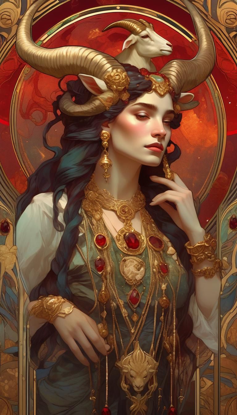 Capricorn Mermaid with Garnets in Art Nouveau Style