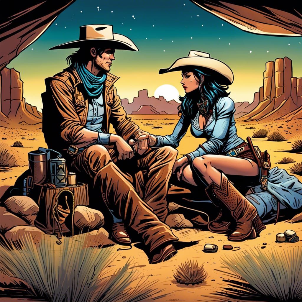 Cowboy and Cowgirl Camp Under Desert Sky