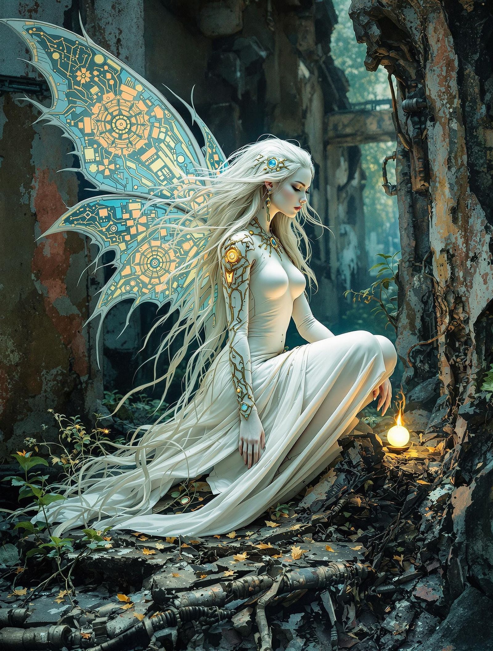 Enigmatic Fae in Cyberpunk Ruins with Watercolor Glow