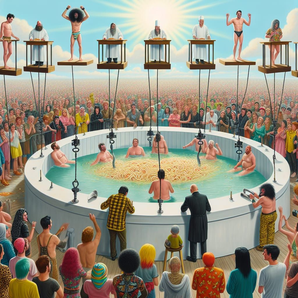 Bizarre Game Show: Spaghetti Baptism on Floating Platforms