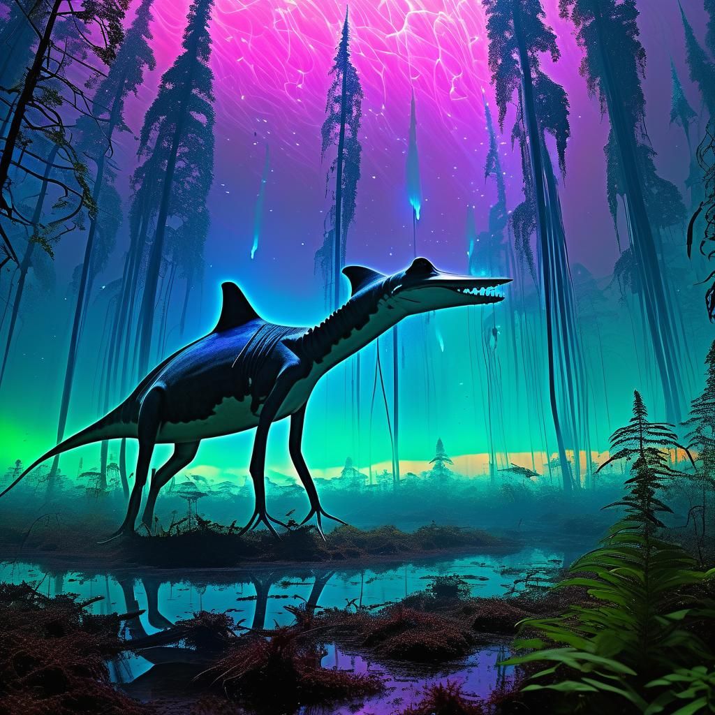 Alien Exoplanet with Shark Creatures and Aurora