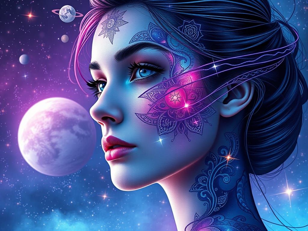 Beautiful Girl with Star Tattoo in Fantasy Galaxy