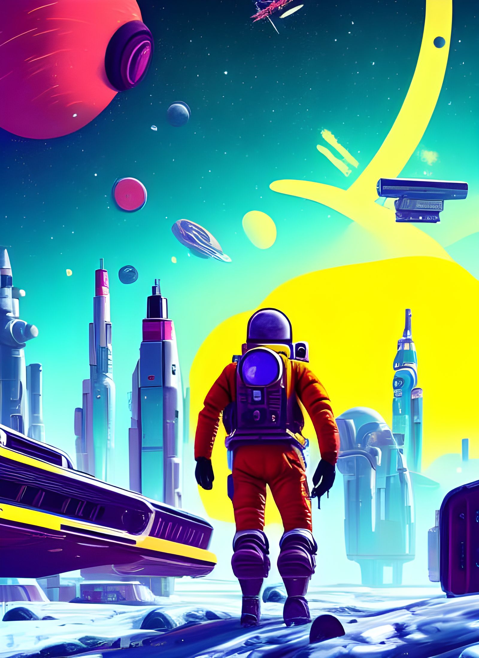 Spaceman in Snowy Alien City: Retrofuturistic Poster