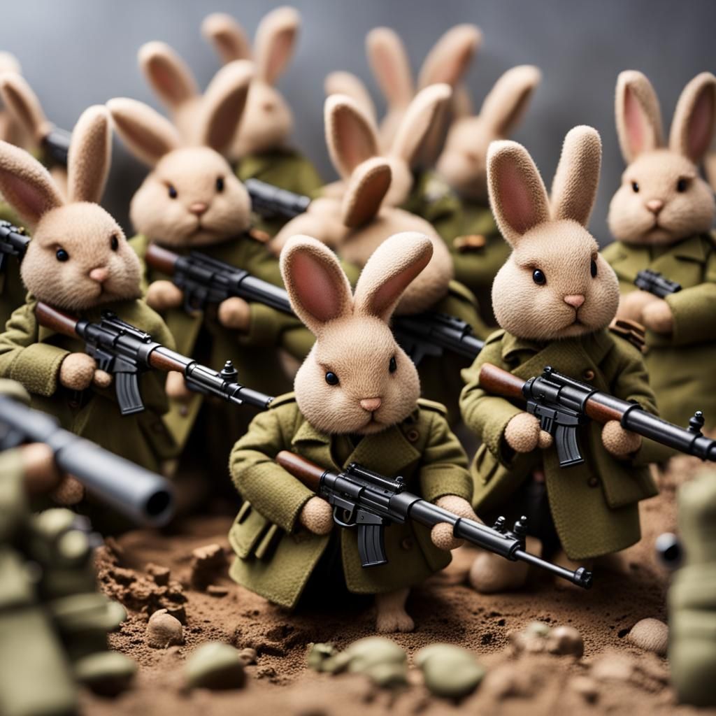 Tiny Plush Rabbit Battling Bunny Soldiers