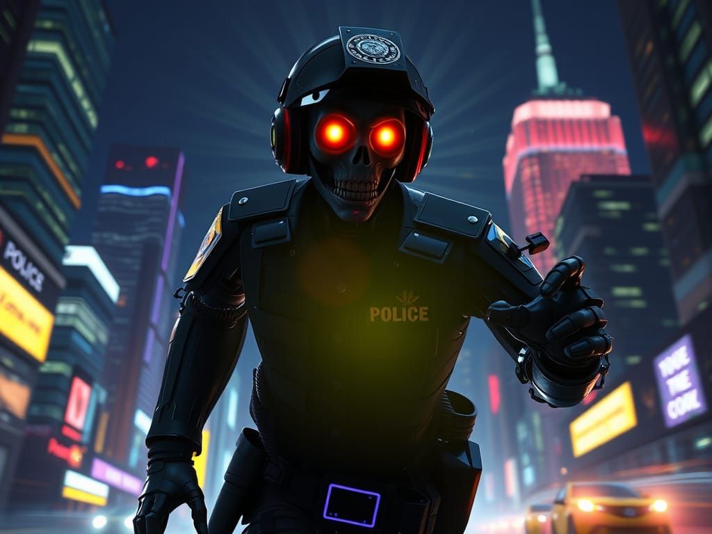 Cyberpunk Zombie Cop in Neon Cityscape