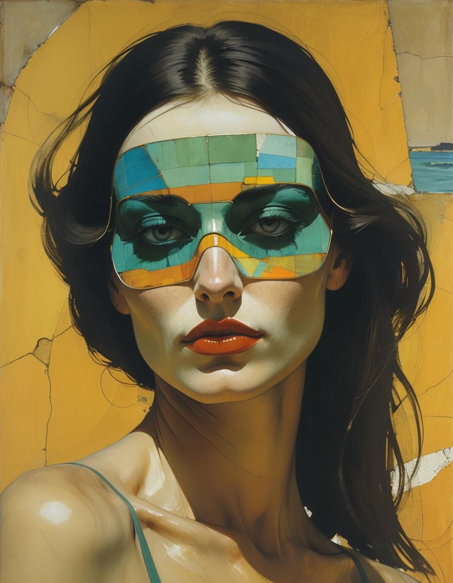 Vibrant Portrait of Sultry Swimsuit Model in Psychedelic Art...