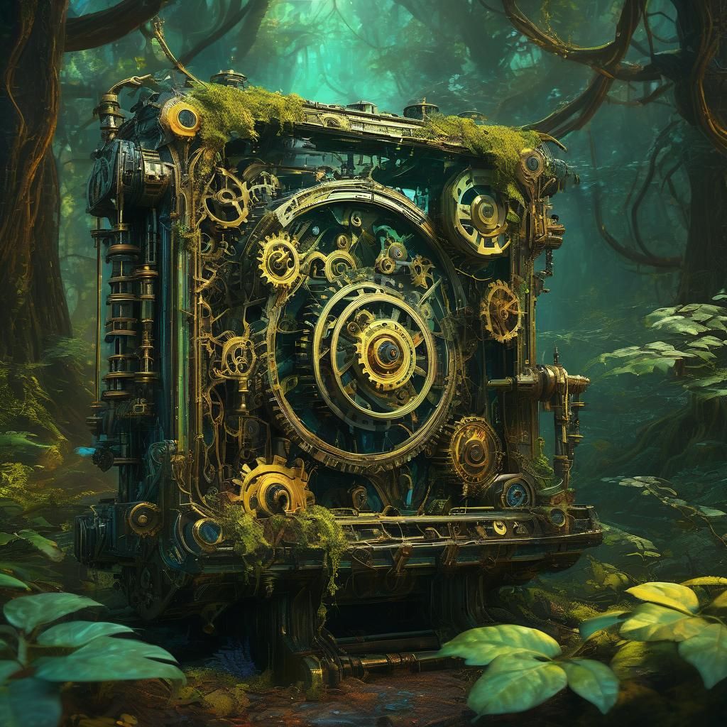Mystical Machine in Ancient Forest: Fantasy Concept Art
