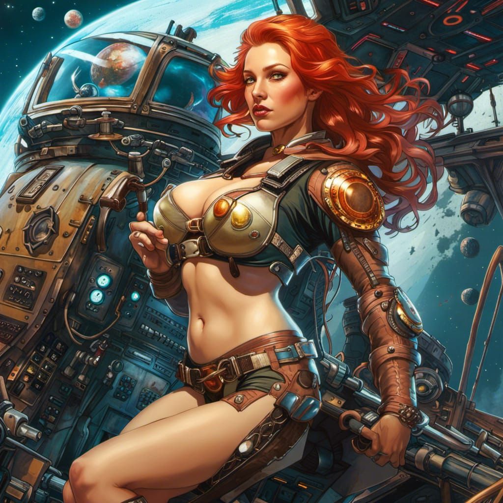 redhead space pilot  on a fighter ship