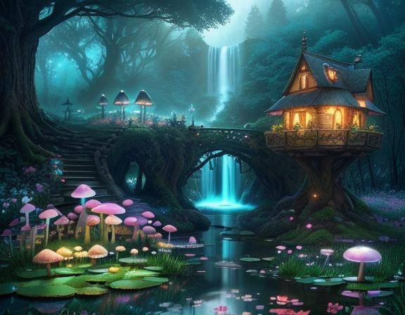 Pastel Fairytale Landscape with Waterfalls and Flowers