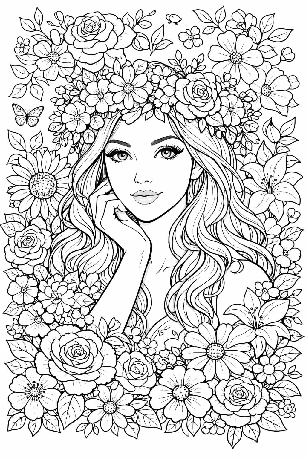 Beautiful Girl Portrait Coloring Page with Flowers