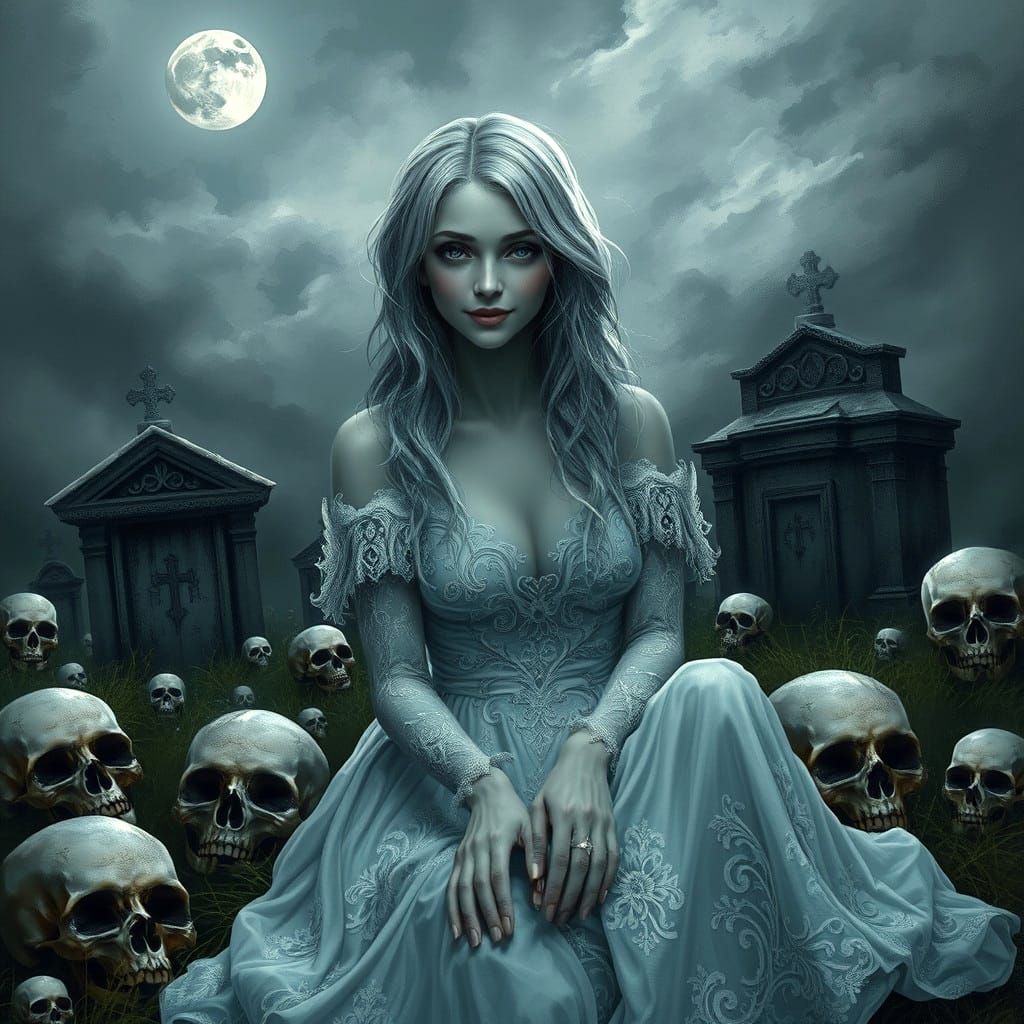 Ghost Woman Portrait in Graveyard, Detailed Matte Painting