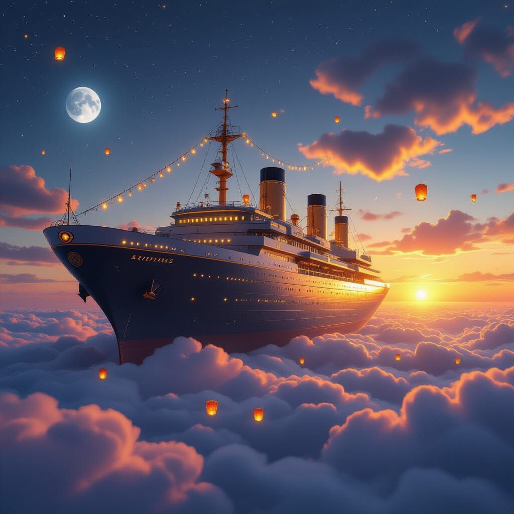 Massive Futuristic Ship on Clouds at Sunset