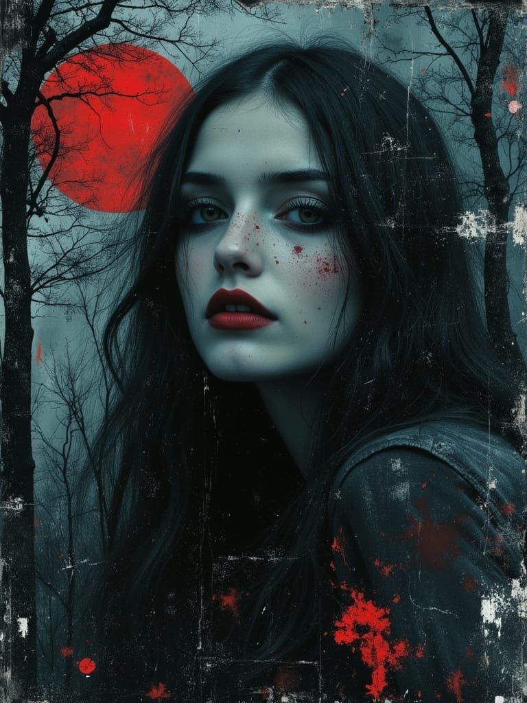 Surreal Moonlit Portrait of a Gothic Woman in Abstract Fores...
