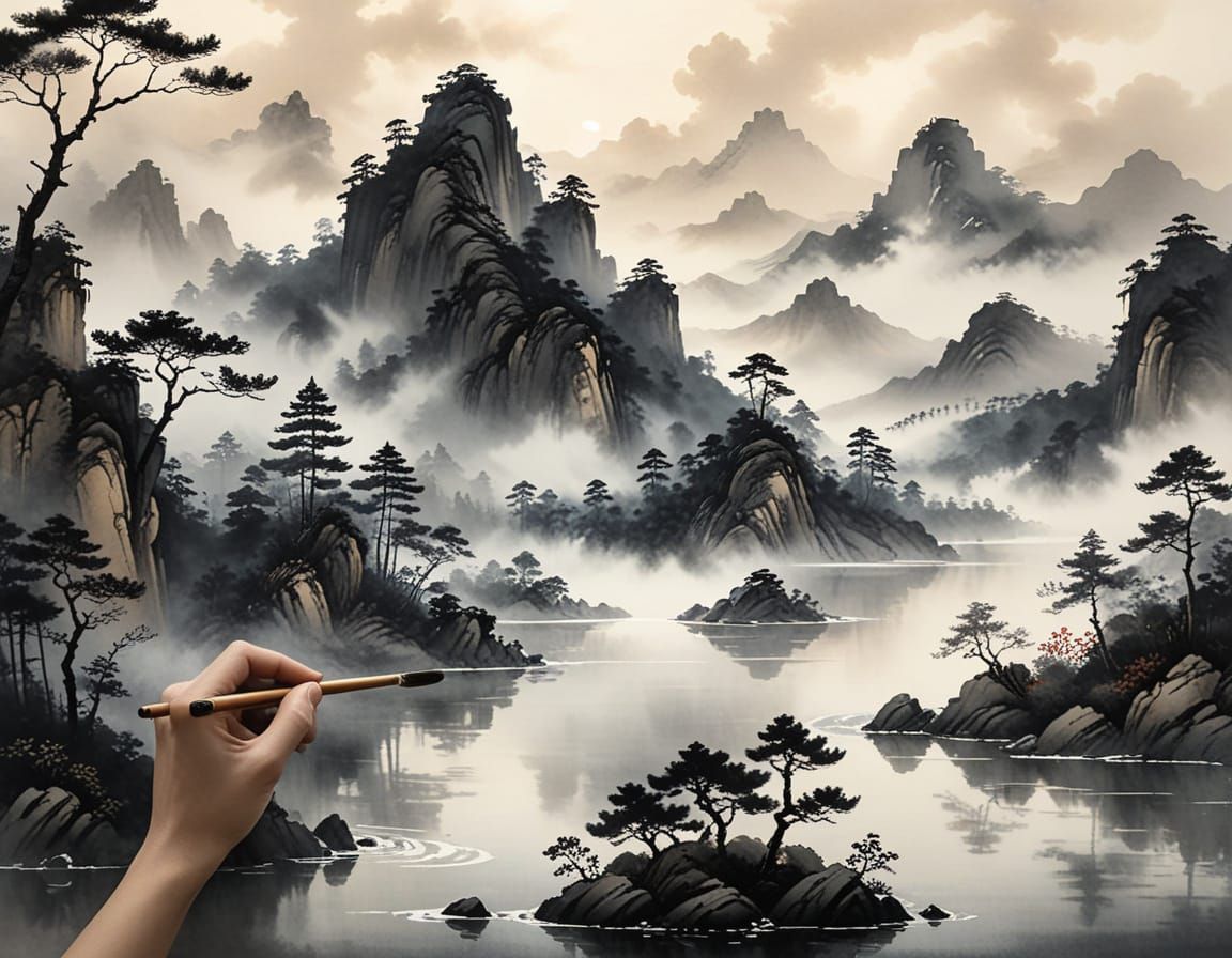 Traditional Ink Painting of Mountain Landscape by Hand