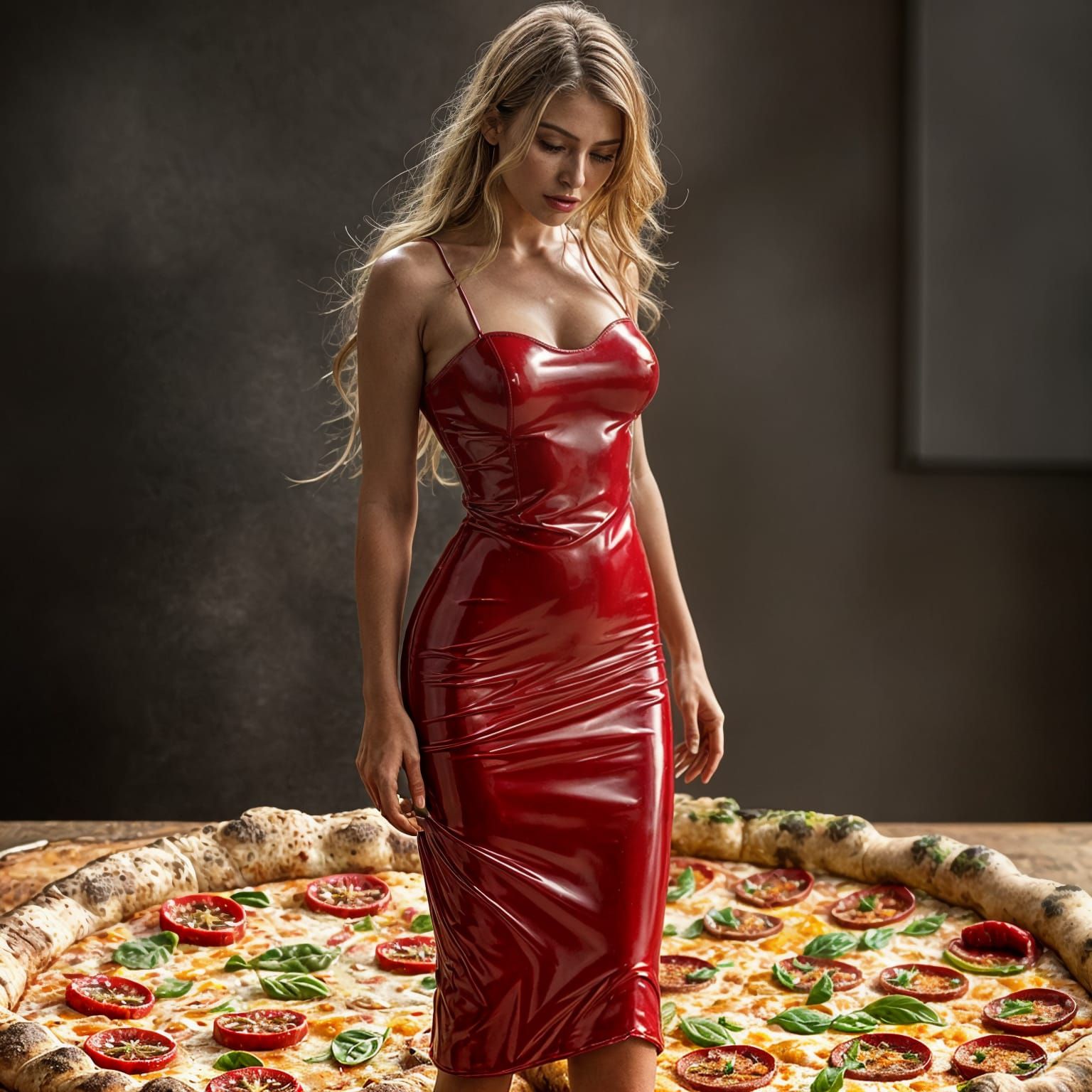 Hyperrealistic Woman in Latex Dress on Pizza