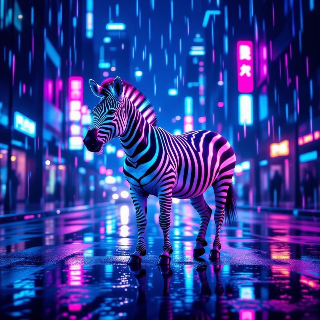 Neon Zebra in Futuristic City Nightscape