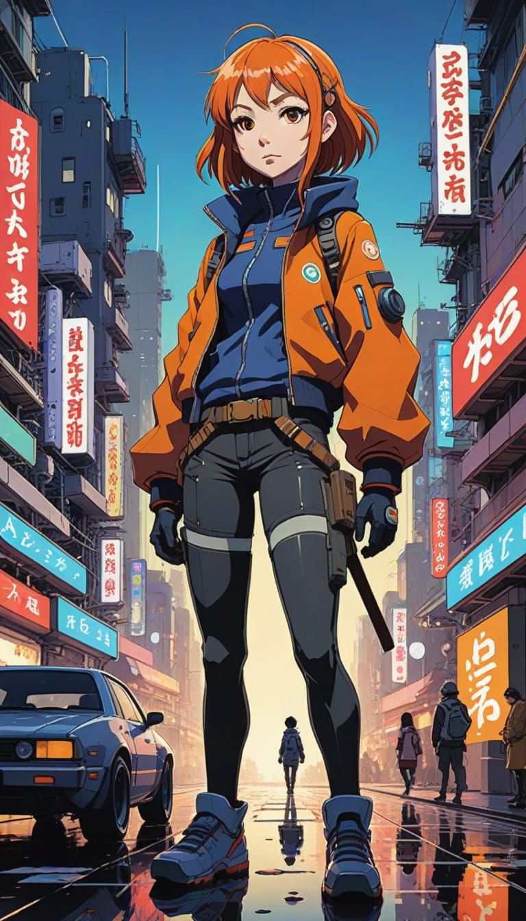 Anime Cityscape Heroine in Dynamic Stance