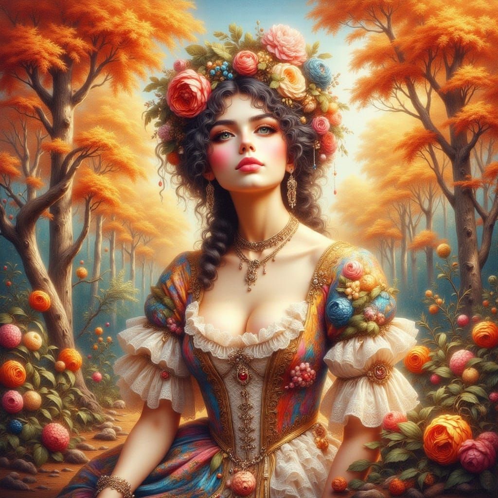 Beautiful Rococo Lady In an Autumn Background