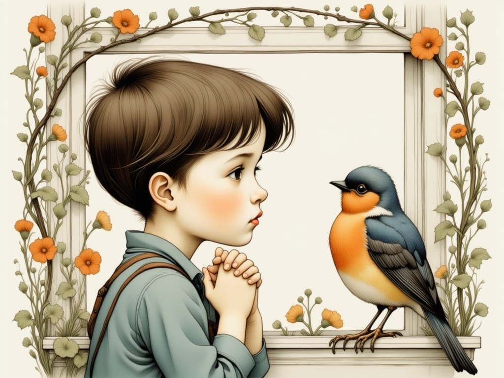 Whimsical Boy Contemplates Life with Melodic Bird Companion ...