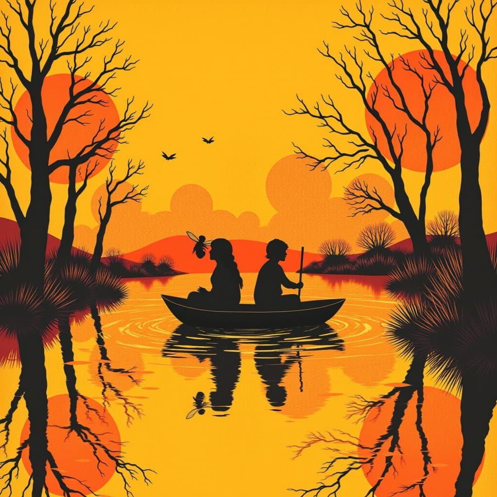 Bees Rowing a Honey Boat Down a River