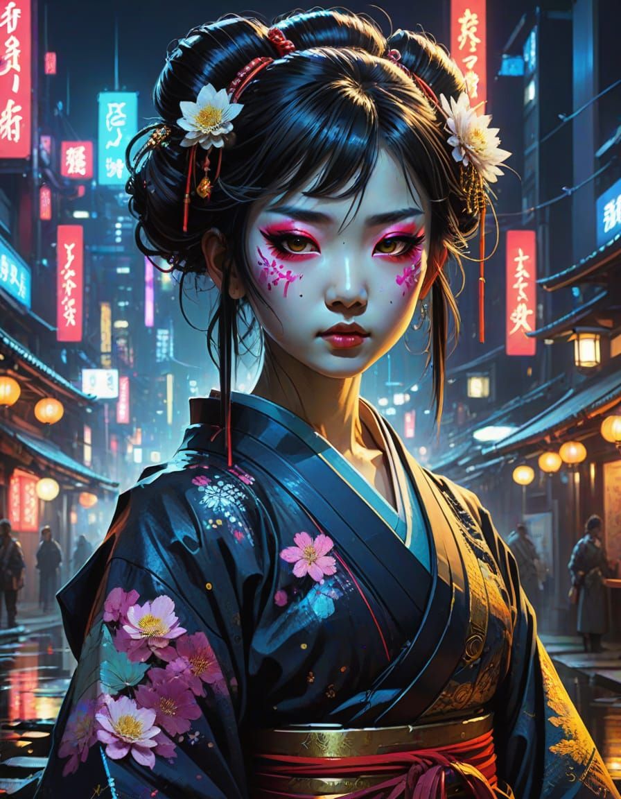 Cyberpunk Geisha with Neon Makeup in Anime Style