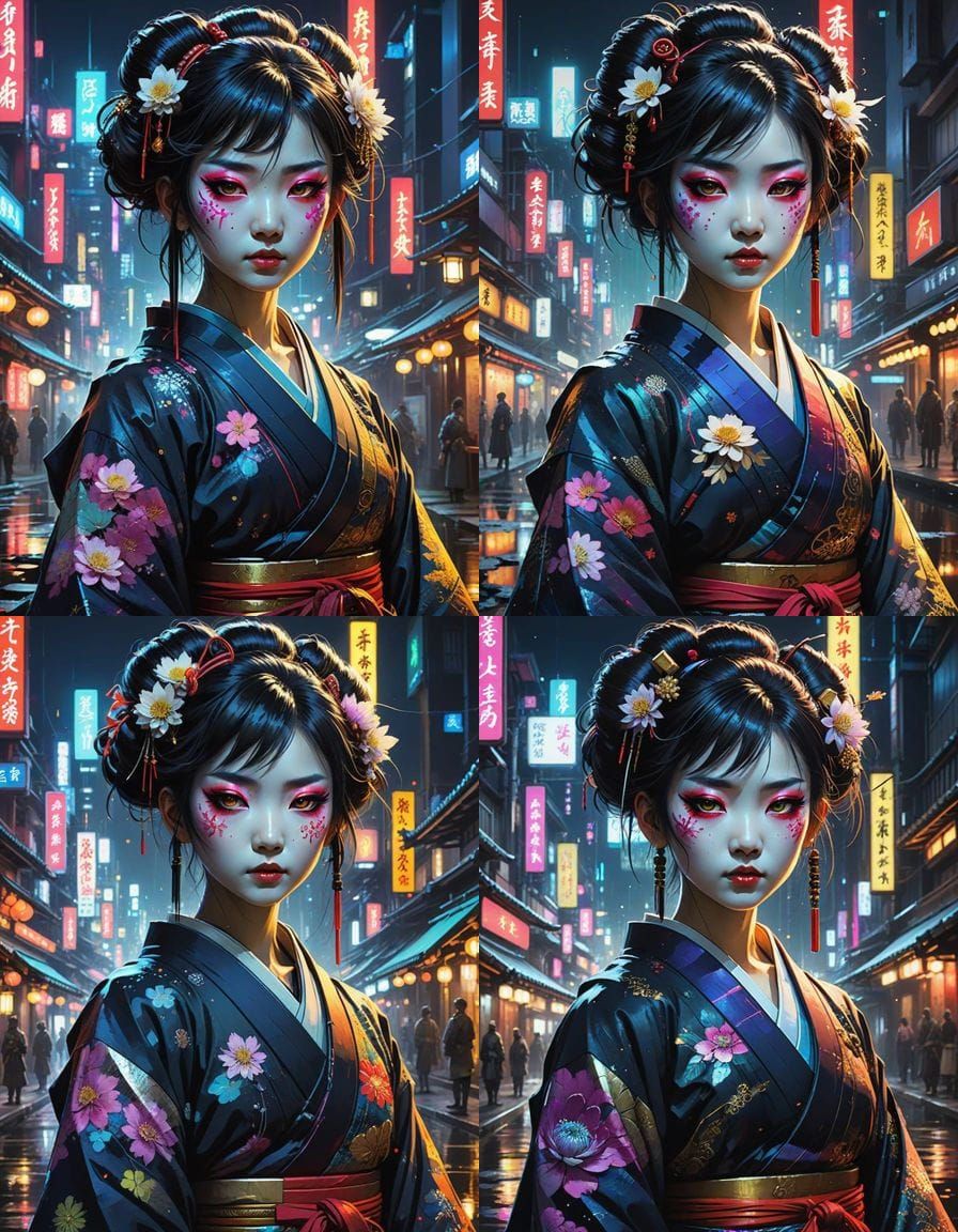 Cyberpunk Geisha with Neon Makeup in Anime Style