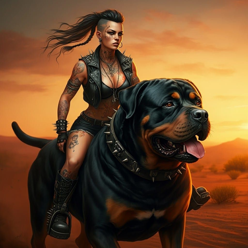 Tattooed Biker Rides Rottweiler Through Desert Sunset