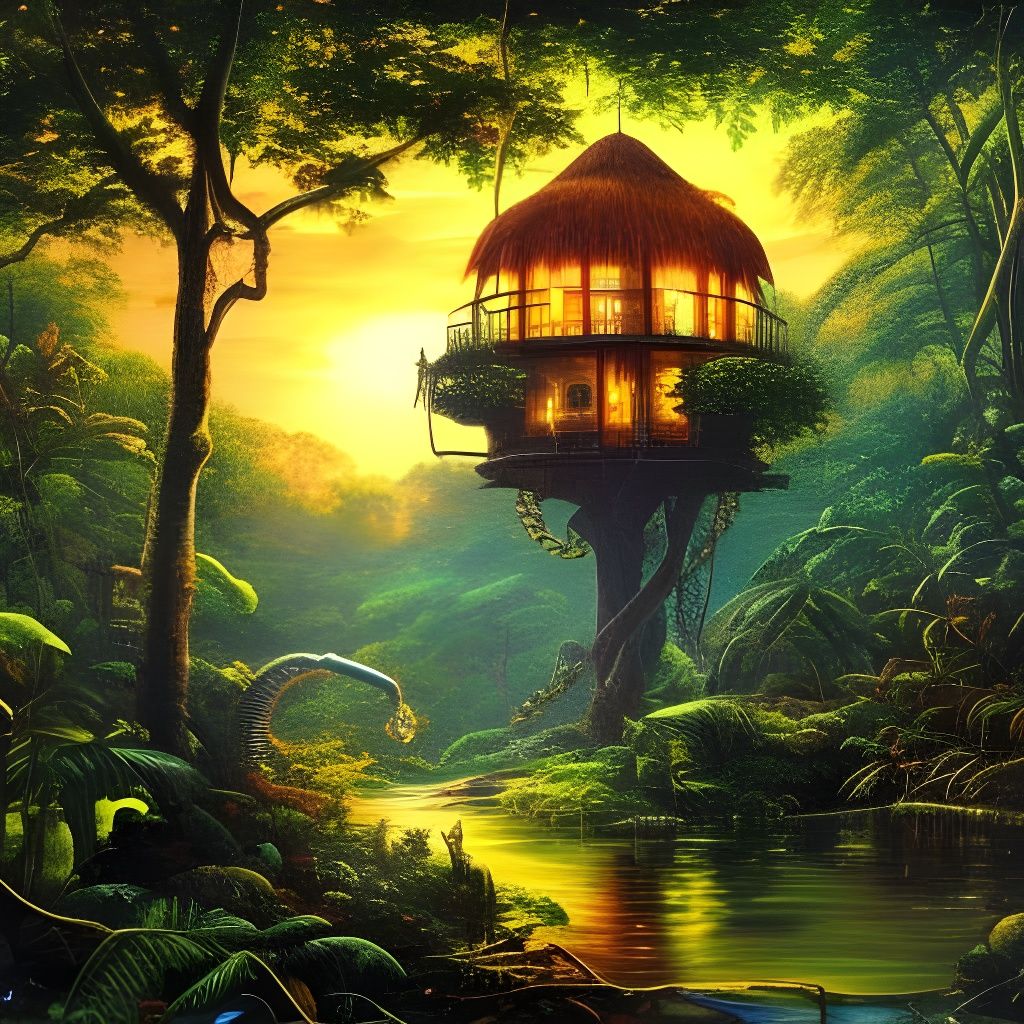 Steampunk Treehouse in Jungle Valley at Sunset
