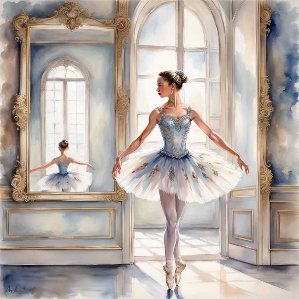Elegant Ballet Dancer in Studio: Watercolor Masterpiece