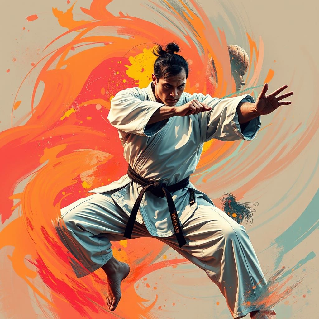 Dynamic Karate Practitioner in Motion with Energy Auras