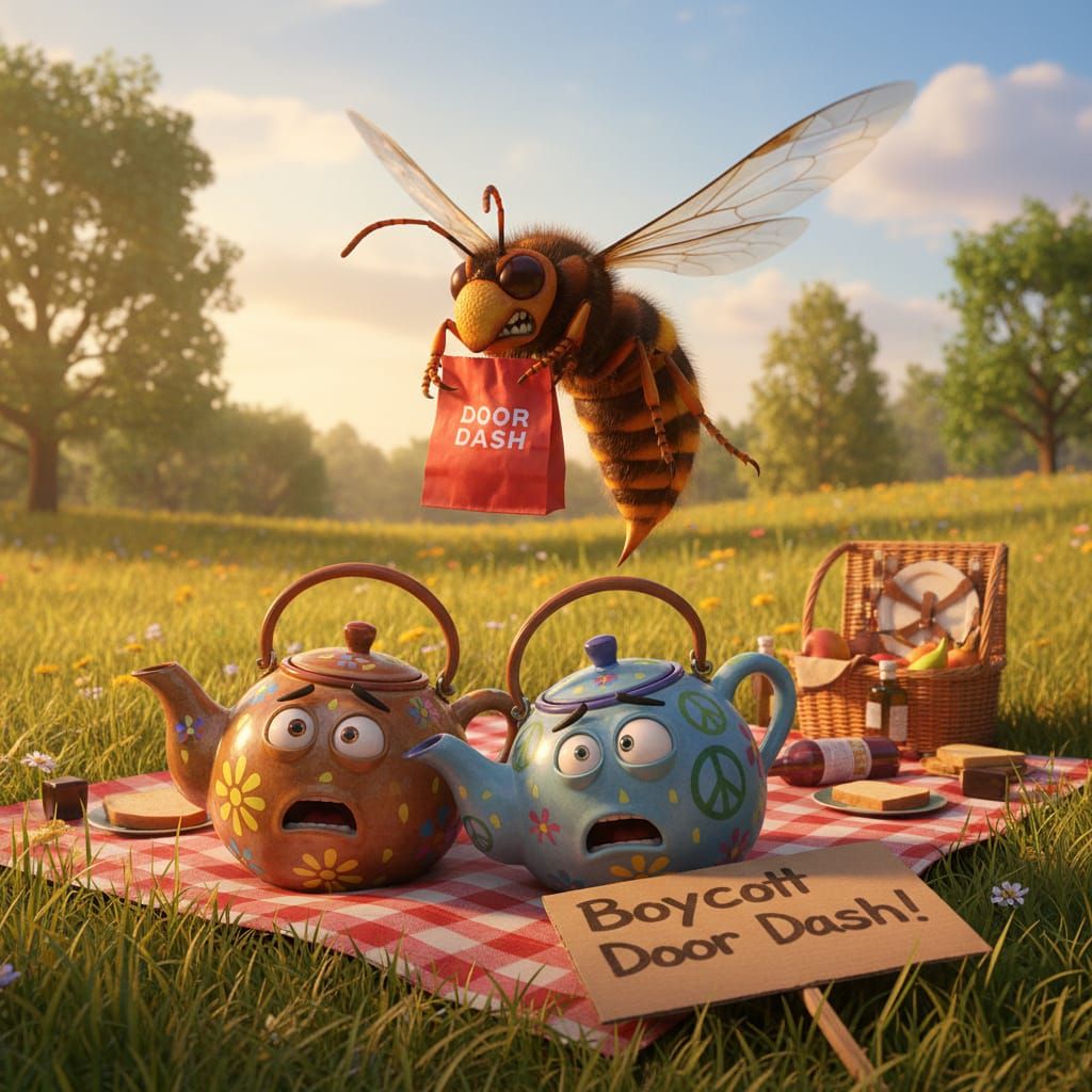 Pixar-Style Teapots Fleeing Giant Hornet in Meadow