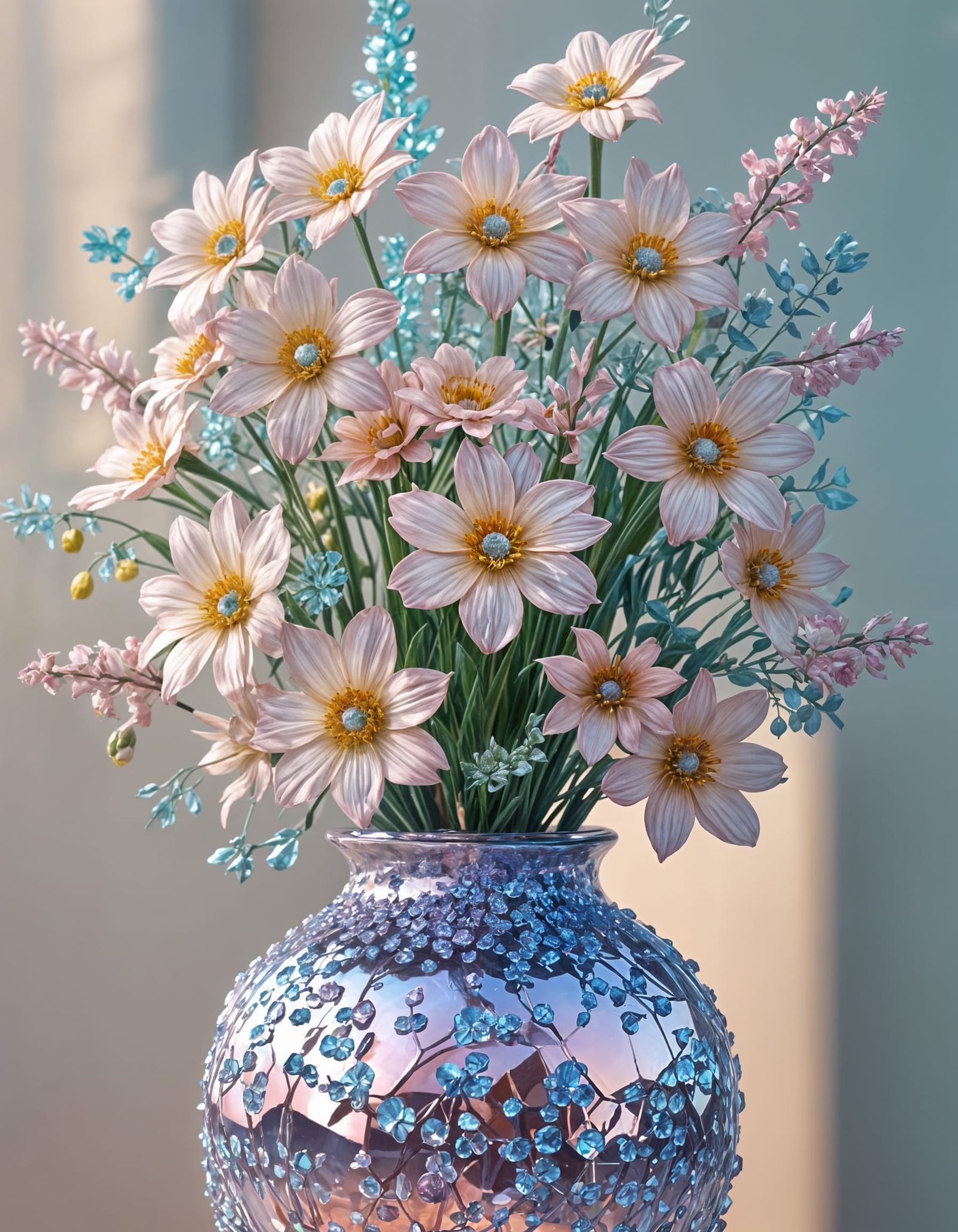 Crystal Flowers in Iridescent Vase: 3D Anime Art