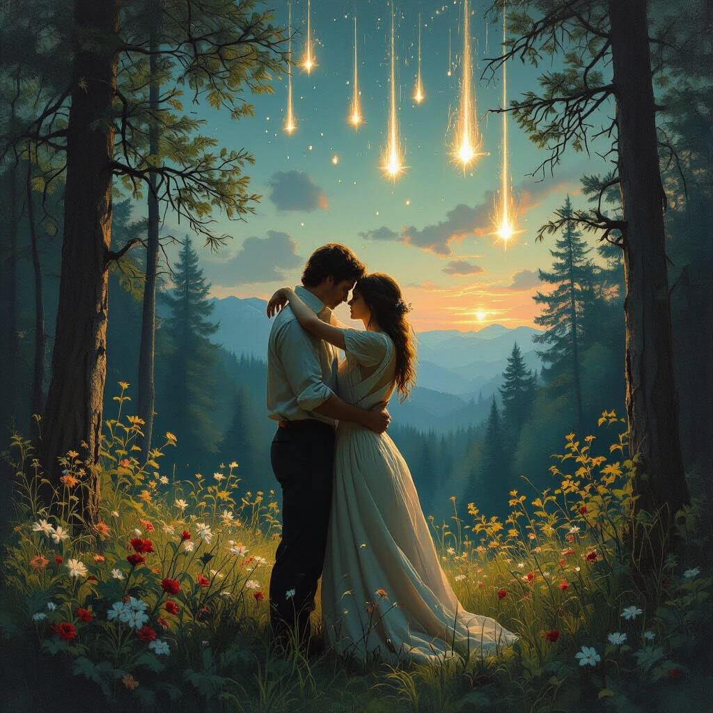 Man Embracing Woman as Meteors Fall, Romantic Landscape
