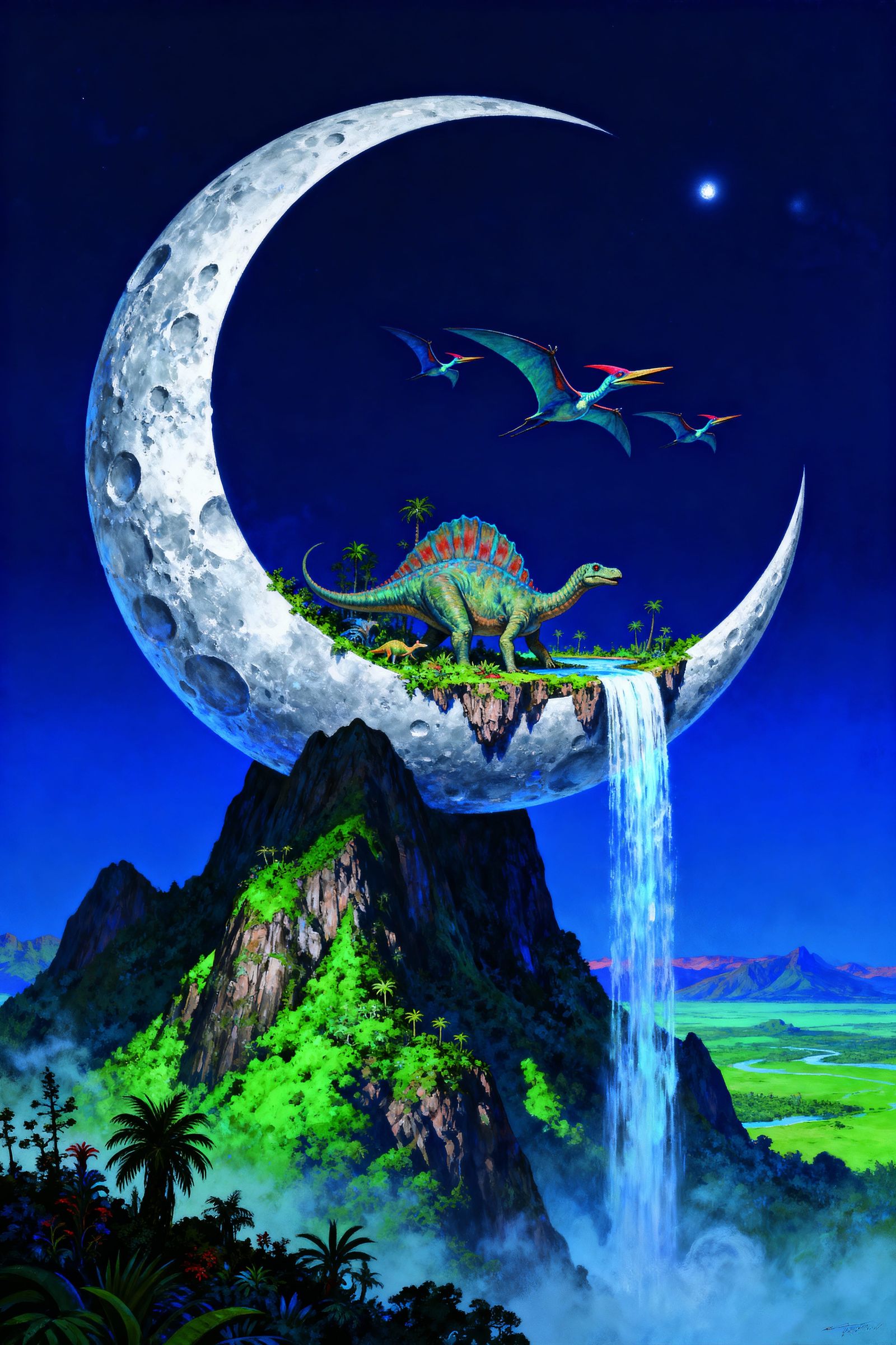 Crescent Moon Island with Pterodactyls in Digital Painting S...