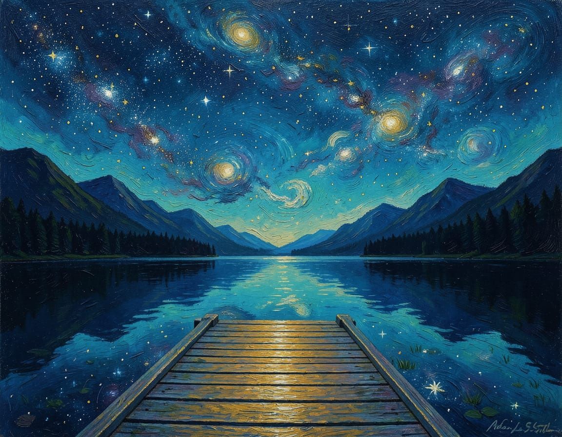 Tranquil Lake Dock with Golden Light and Starry Sky