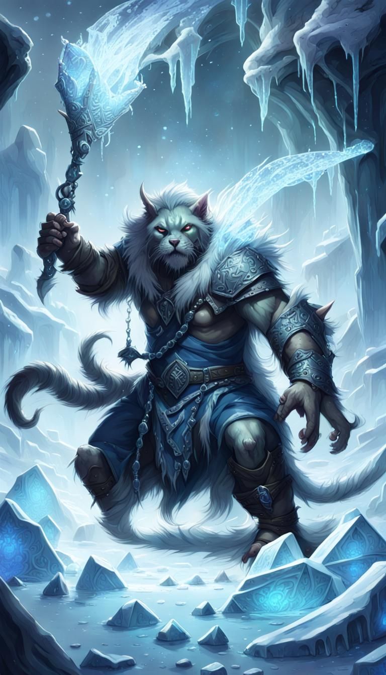 Tabaxi Overcomes Orc with Ice Magic: Fantasy Illustration