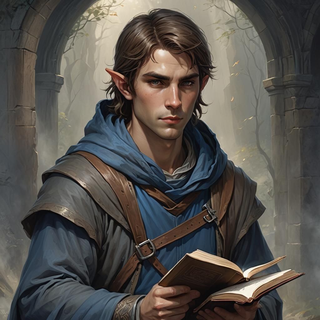 Half-Elf Mage in Library, Fantasy Art Style